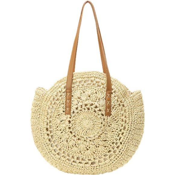 Straw Handbags Women Handwoven Round Corn Straw Bags Natural Chic Hand Large - Picture 1 of 6